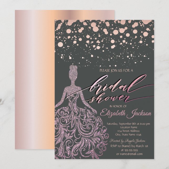 Modern Rosa Guld Glitter Klänning Prickar Bröllops Inbjudningar (Fram/baksida)