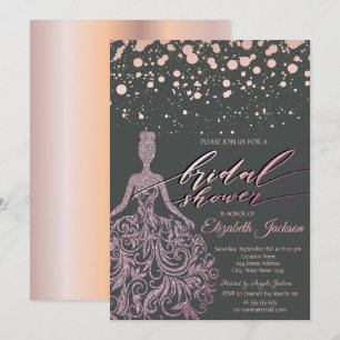 Modern Rosa Guld Glitter Klänning Prickar Bröllops Inbjudningar