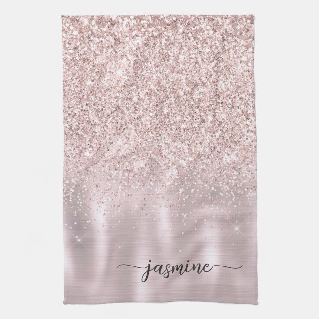 Modern Rosa Guld Glitter Monogram Namn Script Kitc Kökshandduk (Vertikal)