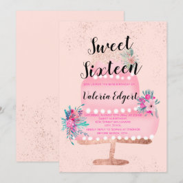 Modern rosa guld glitter rosa blomsterkaka Sweet 1 Inbjudningar