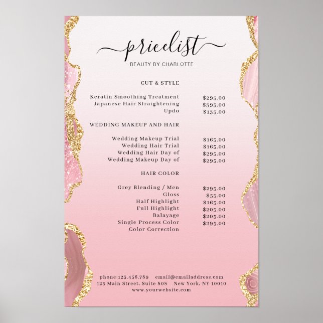 Modern rosa guld glitter salong prislista poster (Framsidan)