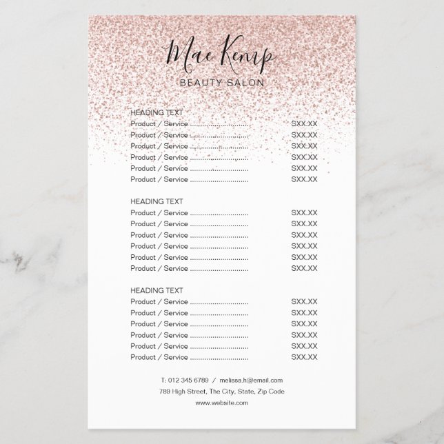 Modern Rosa Guld Glitter Salongtjänstmeny Flygblad (Framsidan)