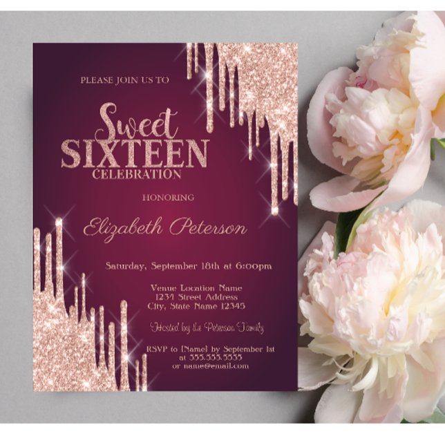 Modern Rosa Guld Glitterdroppar Burgunder Sweet 16 Inbjudningar (Skapare uppladdad)