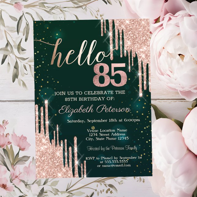 Modern Rosa Guld Glitterdroppar Grön 85-årsdag Inbjudningar (Skapare uppladdad)
