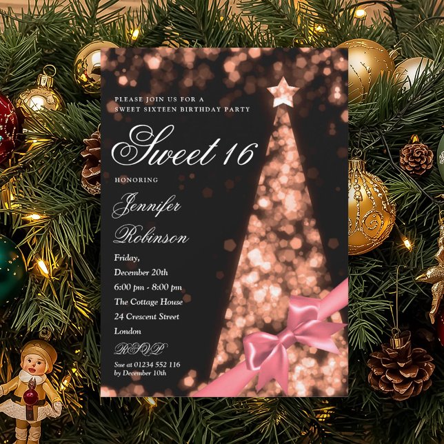Modern Rosa Guld Julgran Bow Sweet 16 Födelsedag Inbjudningar (Modern Rose Gold Xmas Tree Bow Sweet 16 Birthday Invitation)