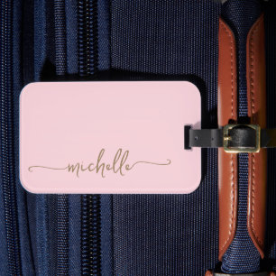 Modern Rosa Guld Kalligrafi Skript Monogram Namn Bagagebricka
