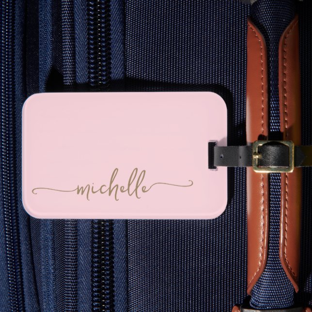 Modern Rosa Guld Kalligrafi Skript Monogram Namn Bagagebricka (Framsida Insitu 4)