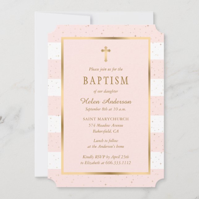 Modern Rosa Guld Kor Stars Girl Baptism Inbjudningar (Framsida)