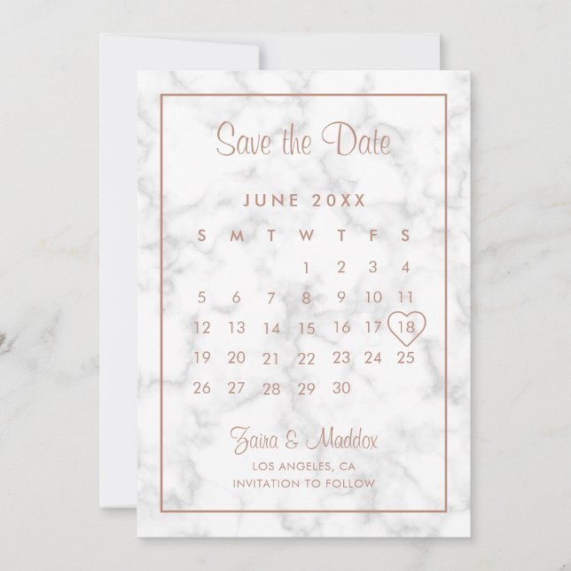 Modern Rosa Guld Marmor Kalender Bröllop Spara Datumet (Framsida)