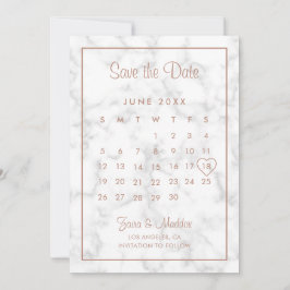 Modern Rosa Guld Marmor Kalender Bröllop Spara Datumet