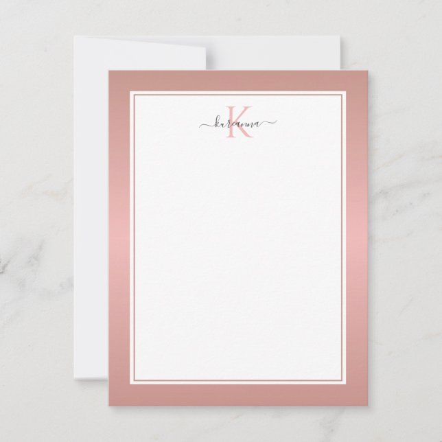 Modern Rosa Guld Monogram Chic Flickig Brevkort Anteckningskort (Framsida)