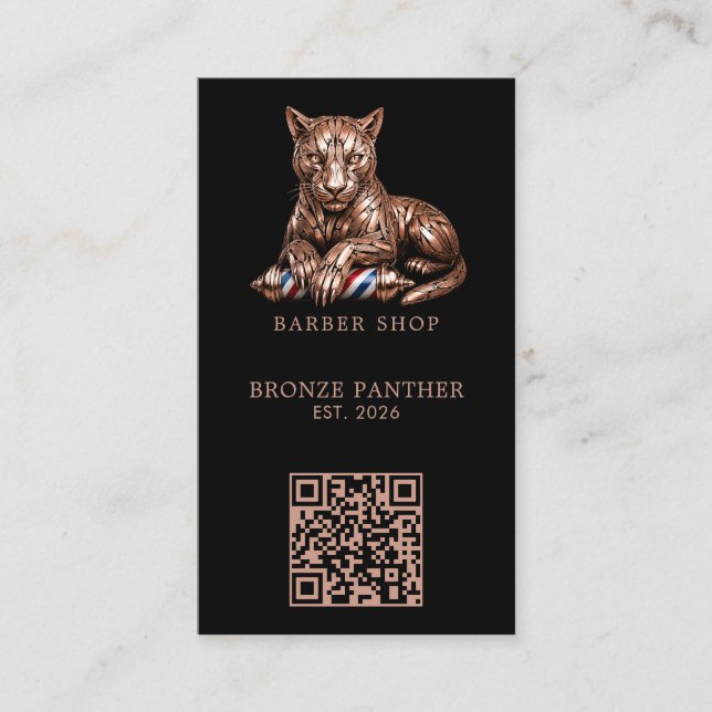 Modern Rosa Guld Panter Barberare Butik Logotyp Qr Visitkort (Framsida)