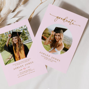 Modern Rosa & Guld Photo Girl Studenten Inbjudningar