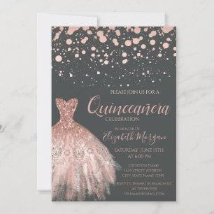 Modern Rosa Guld Prickar, Grå Klänning Quinceañera Inbjudningar
