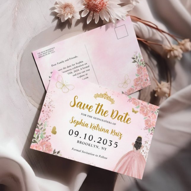 Modern  Rosa Guld Quinceanera Spara datum Vykort (Skapare uppladdad)