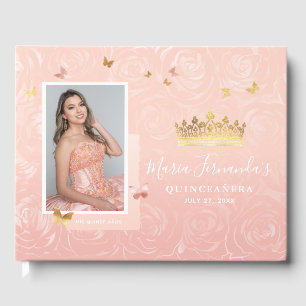 Modern Rosa Guld Rodnad Elegant Foto Quinceanera Gästböcker