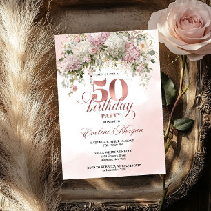 Modern Rosa Guld Ros Blommor 50-års Födelsedag   Inbjudningar