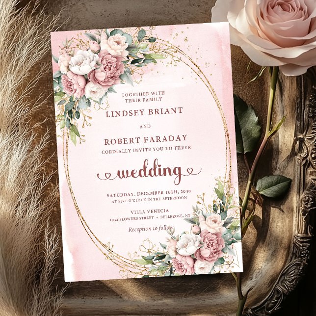 Modern Rosa Guld Rosor Eukalyptus Bröllop  Inbjudningar (Modern Rose Gold Blush Flowers Eucalyptus Wedding Invite

)