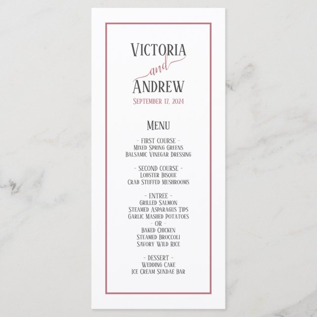 Modern Rosa Guld Script Minimal Bröllop Meny (Framsida)
