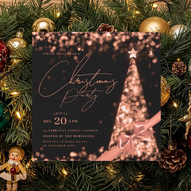 MODERN Rosa Guld Vinter Julgran Slöja Party  Inbjudningar (MODERN Rose Gold Winter Christmas Tree Bow Party Invitation)