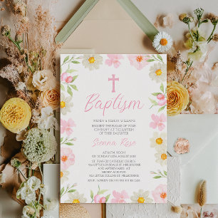Modern Rosa Gult Girls Vår Blommigt Baptism Inbjudningar