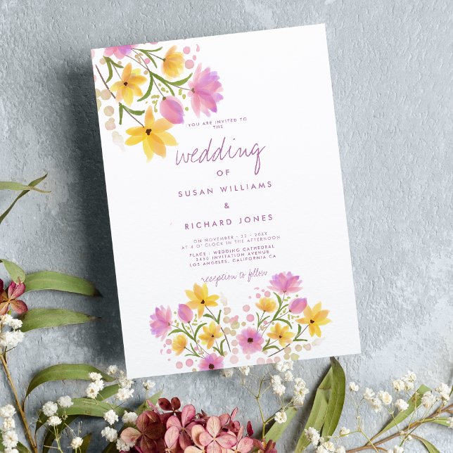 Modern rosa gult vattencolor blommigt bröllop inbjudningar (Modern pink yellow watercolor floral wedding)