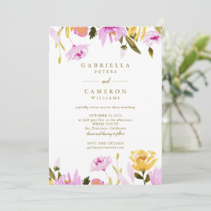 Modern Rosa Gult Watercolor Blommigt Bröllop Inbjudningar