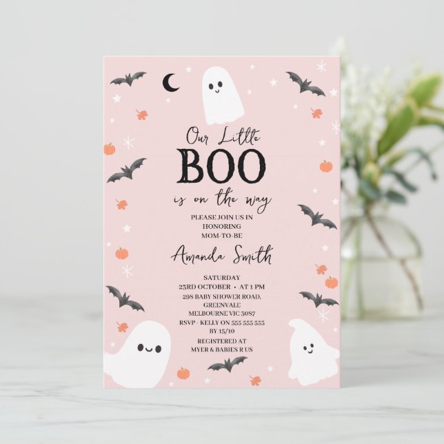 Modern Rosa Halloween Little Boo Baby Shower Inbjudningar (Stående Fram)