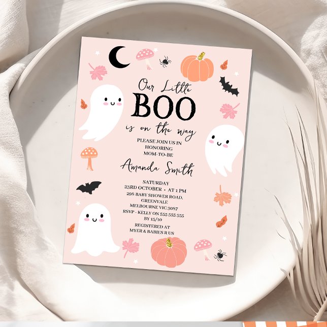 Modern Rosa Halloween Little Boo Baby Shower Inbjudningar (Pink Halloween Baby Shower Invitation, Girl Little boo baby Shower Invitation, Ghosts Our little Boo)