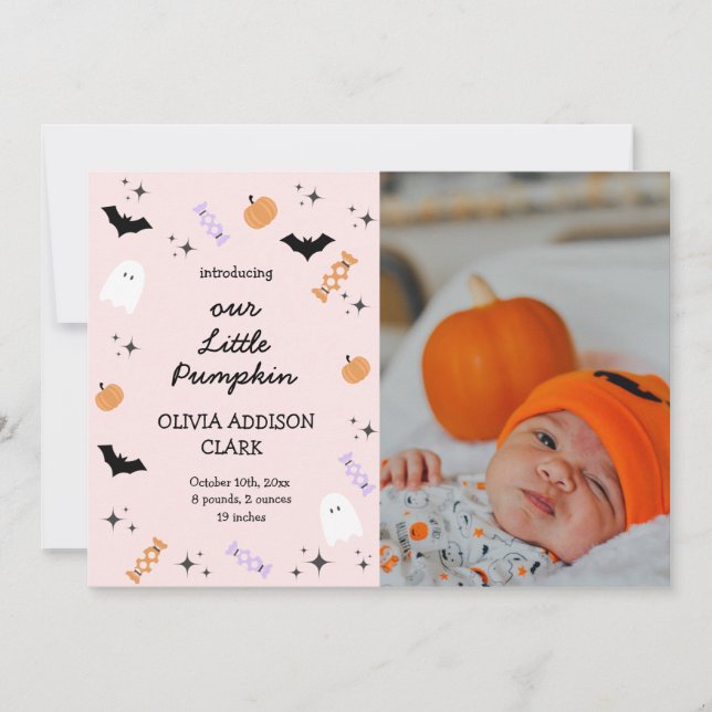 Modern Rosa Halloween Little Pumpkin Birth Meddelande (Framsida)