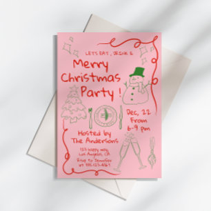 Modern rosa Hand-Drawn jul Party Inbjudningar