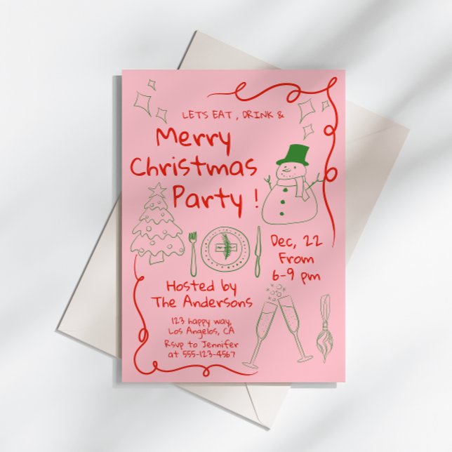 Modern rosa Hand-Drawn jul Party Inbjudningar (Skapare uppladdad)