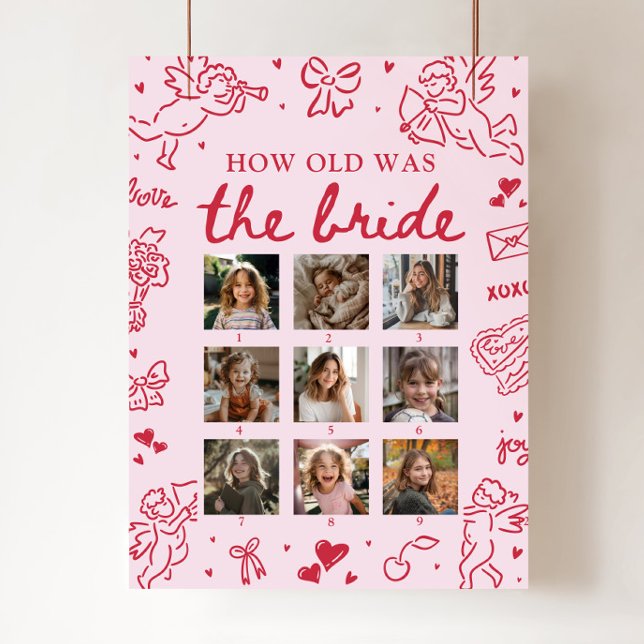 Modern Rosa Handritad Hur Gammal Var Bruden Skylt (Modern Pink Hand Drawn How Old Was The Bride Sign)