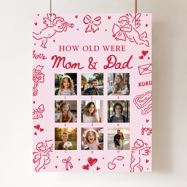 Modern Rosa Handritad Hur Gammal Var Mamma & Pappa Poster (Modern Pink Hand Drawn How Old Were Mom & Dad Sign)