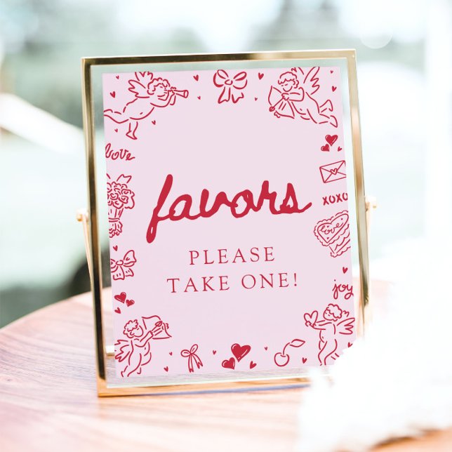 Modern Rosa Handritad Valentine Gunstår Skylt (Modern Pink Hand Drawn Valentine Favors Sign)