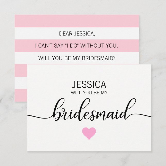 Modern  ROSA Heart, blir du min Bridesmaid? Inbjudningar (Fram/baksida)