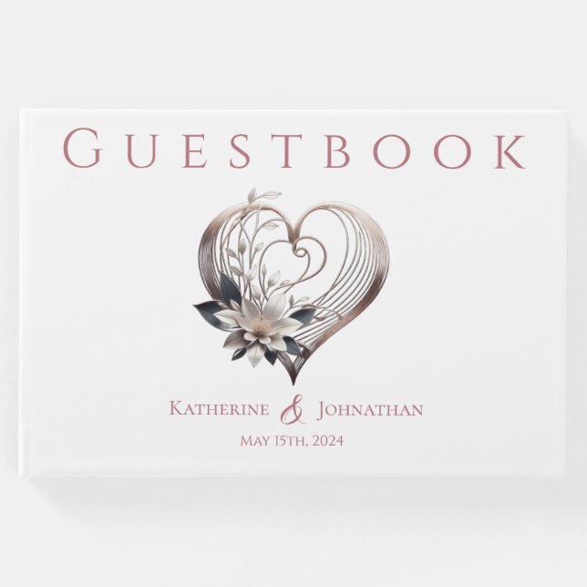 Modern Rosa Heart med blommor Bröllop Gästböcker (Framsida)