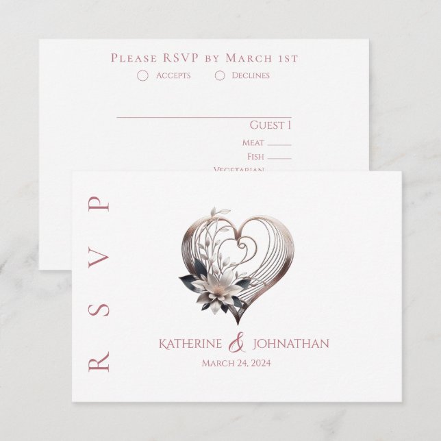 Modern Rosa Heart med blommor Bröllop OSA Kort (Fram/baksida)