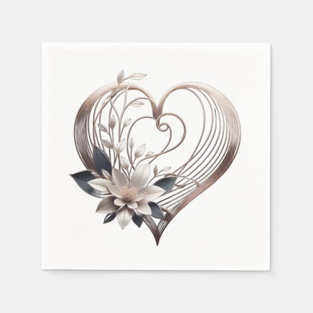Modern Rosa Heart med blommor-Bröllop- Pappersservett (Framsidan)
