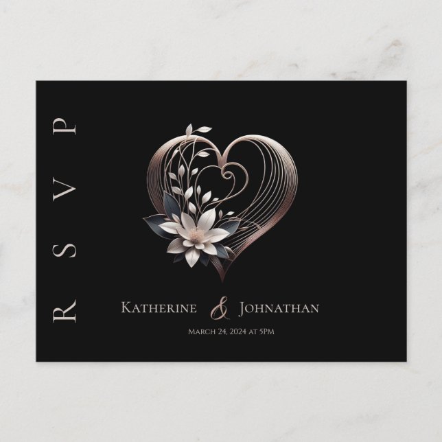 Modern Rosa Heart med blommor-OSA-Bröllop- Vykort (Framsida)