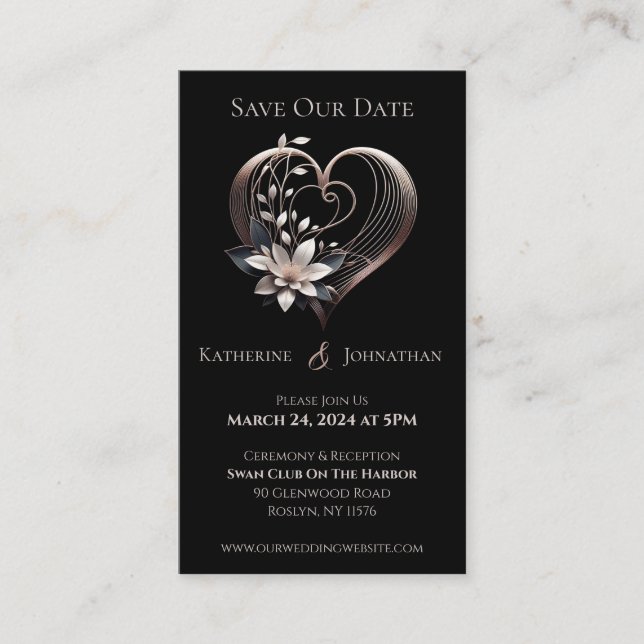 Modern Rosa Heart med blommor-Spara datum- Visitkort (Framsida)