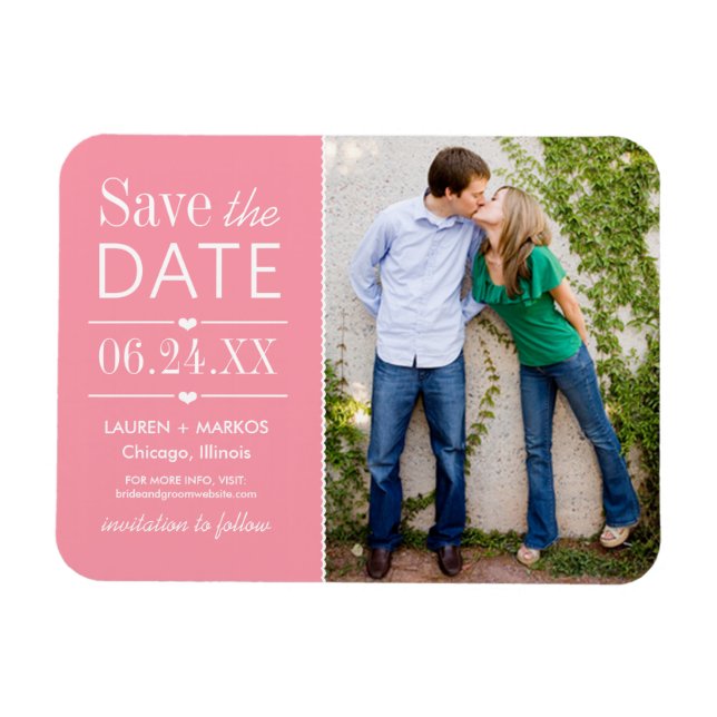 Modern Rosa Hearts Bröllop Photo Save Date Magnet (Horisontell)