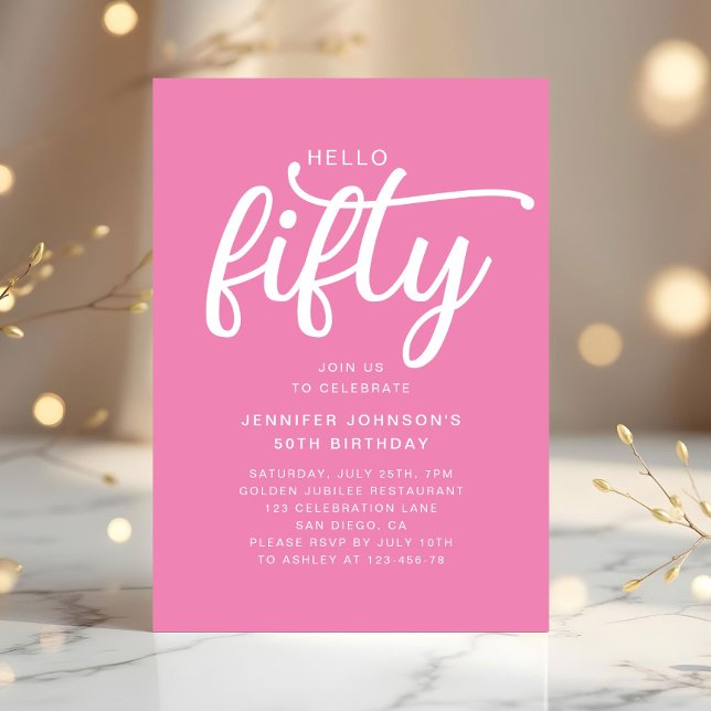 Modern Rosa Hello 50-årsdag Inbjudningar (Modern Pink Hello 50th Birthday Invitation)