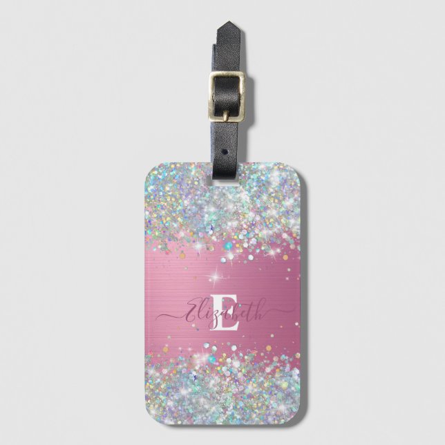 Modern Rosa HoloGraph Faux Glitter Monogram Bagagebricka (Framsida vertikal)
