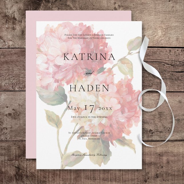 Modern Rosa  Hydrangea Bröllop Inbjudningar (Modern Pink Blush Hydrangea Wedding Invitation)