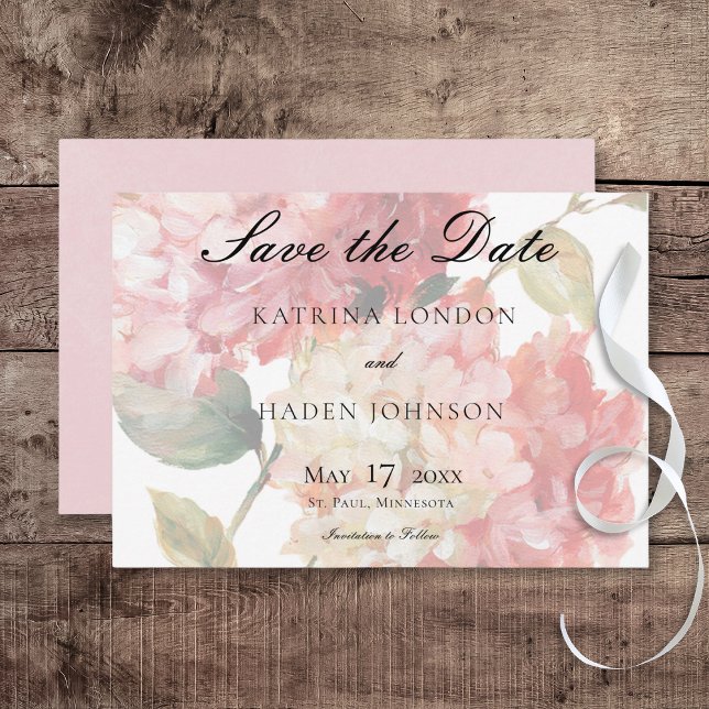 Modern Rosa  Hydrangea Bröllop Spara Datumet (Modern Pink Blush Hydrangea Wedding Save the Date Card)
