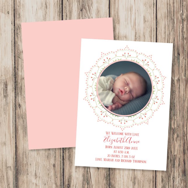 Modern  Rosa i Flicka Enkel Elegant (Elegant floral wreath baby birth announcement with circular photo and soft peach accents.)