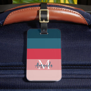 Modern Rosa i Rand och blå monogram för Vågrät Bagagebricka