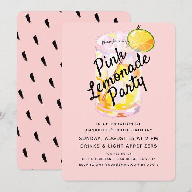 Modern  Rosa - inbjudan till Lemonade-partiet (Fram/baksida)