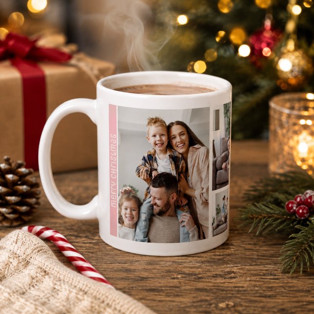 Modern Rosa Jul 5 Bilder Collage Familj Kaffemugg (Modern Pink Christmas 5 Photos Collage Family Coffee Mug)
